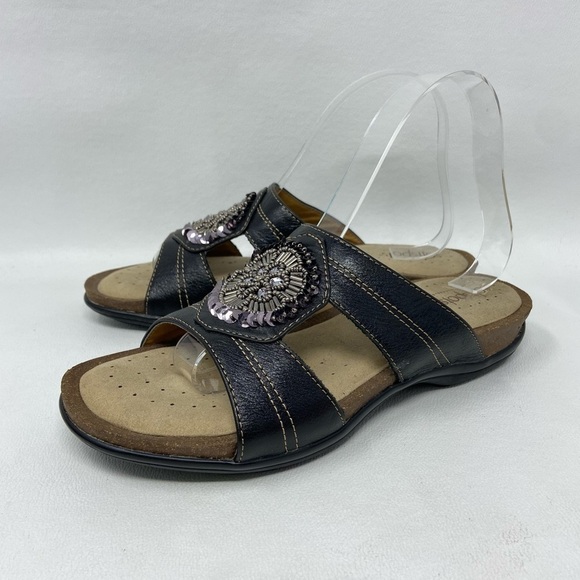 Softspots Footsmart Kory Sandals Black Leather Women's Size 7.5M - Picture 1 of 13